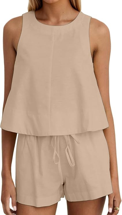 Ythomm Womens Two Piece Lounge Sets Round Neck Peplum Tops High Waist Linen Shorts Summer Matchin... | Amazon (US)