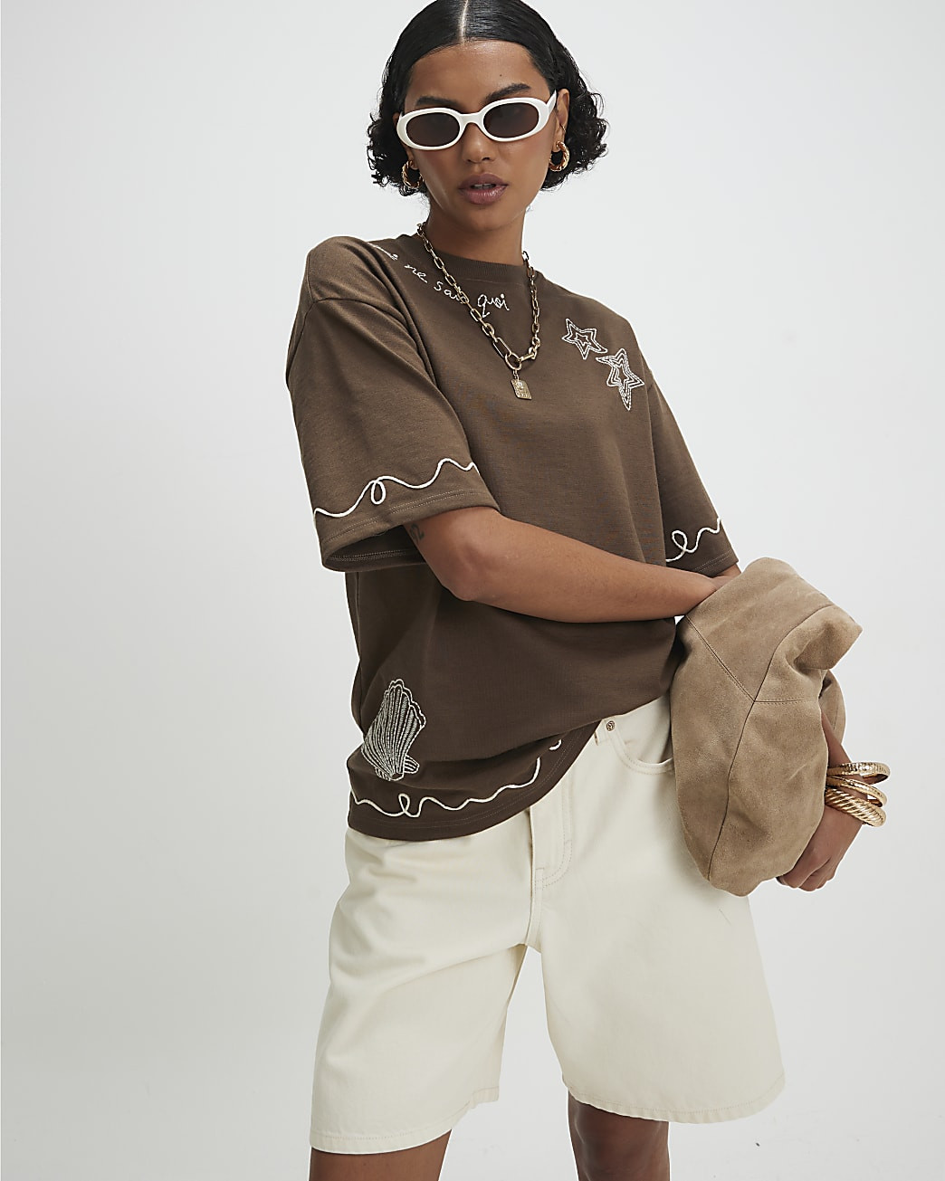 Khaki Crew Neck Embroidered T-Shirt | River Island UK & IE