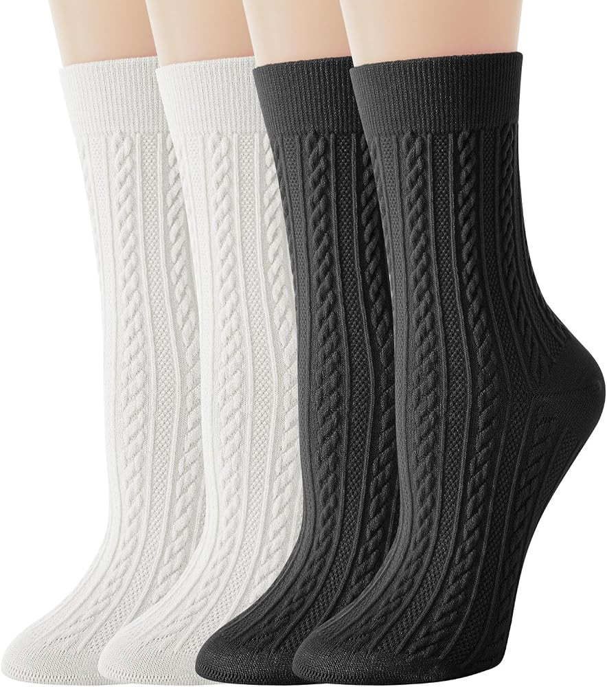 Womens Crew Socks, 4 Pairs Casual Knit Cotton Comfy Breathable Dress Socks for Women | Amazon (US)