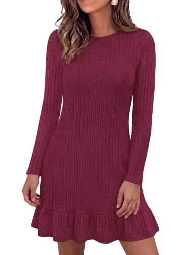 KIRUNDO Women's Long Sleeve Ribbed Knit Mini Sweater Dress, Burgundy, M | Amazon (US)