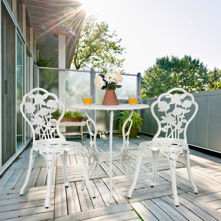 Costway 3PCS Cast Aluminum Patio Bistro Furniture Set Rose Design Outdoor White | Target