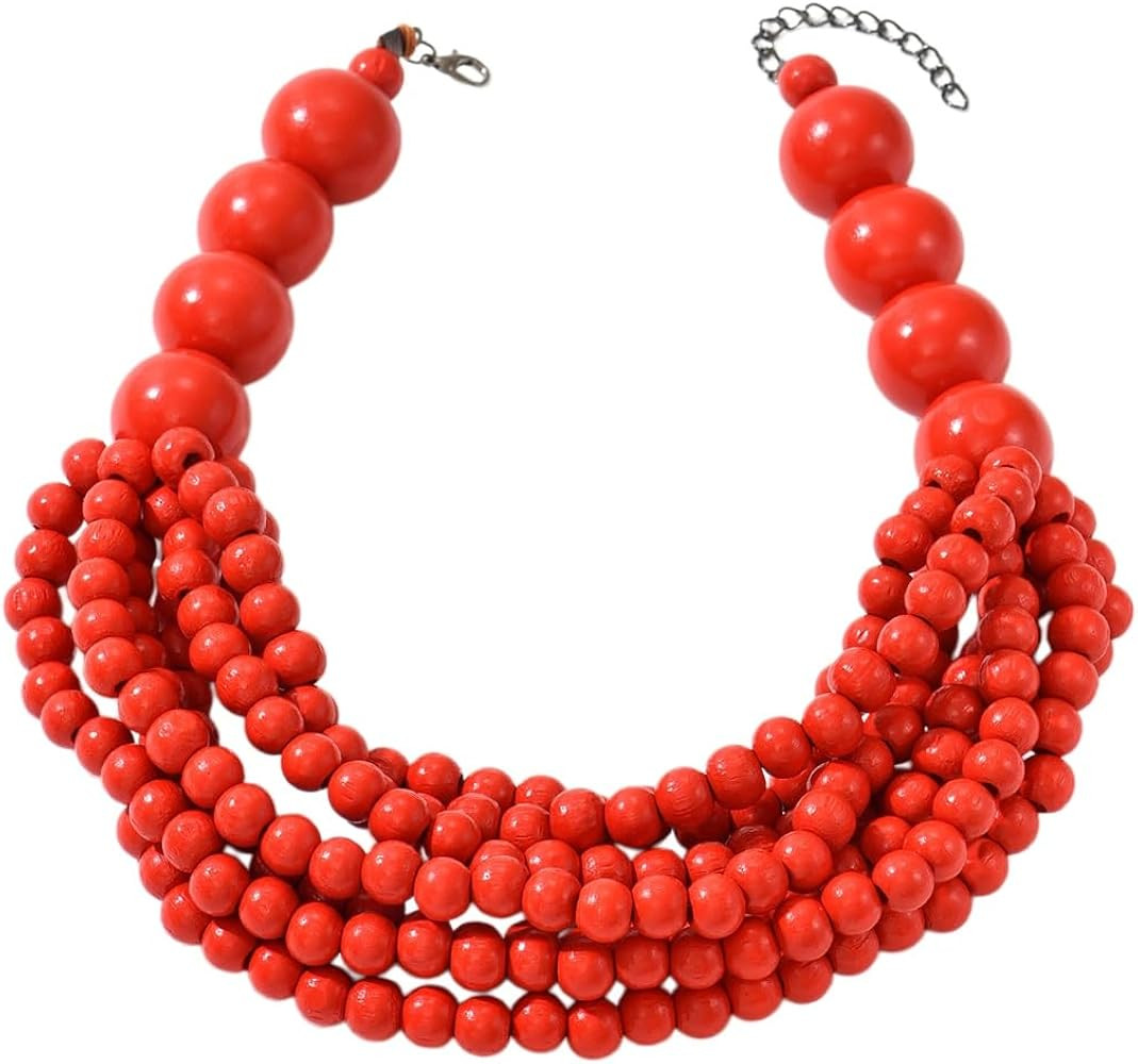 Handmade Layered Wood Bead Necklace for Women - Chunky African Statement Necklace, Natural Khaki ... | Amazon (US)