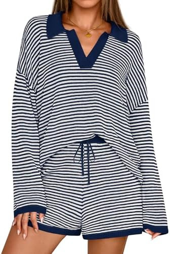 MEROKEETY Lounge Sets for Women 2 Piece Outfits Casual Long Sleeve Striped Sweater Tops Shorts Ma... | Amazon (US)