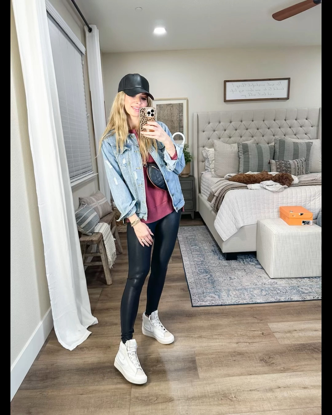 New release Nike blazer mid victory. I’m usually a 7 or 7.5 and I got a 7

Denim jacket is an Amazon fashion find size small

Tunic sweatshirt is $10 aerie dupe and I sized up to a medium 

Faux leather leggings. Linking the spanx and an affordable dupe from Amazon 
Hat and bumbag are Amazon finds 

#LTKU #LTKFind #LTKsalealert