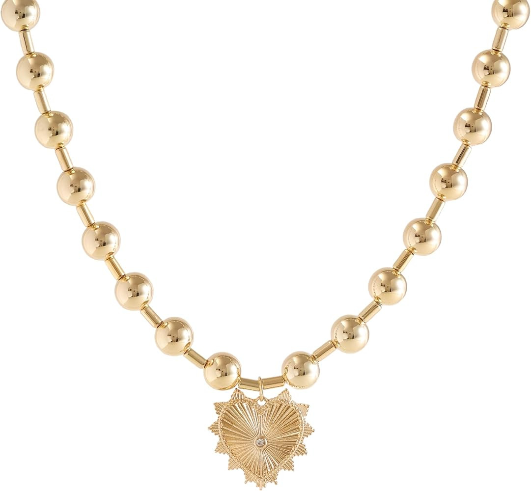 Lightweight 14k Yellow Gold Plated Necklace, Gold Beaded Chain with Radial Patterns Heart Shaped ... | Amazon (US)