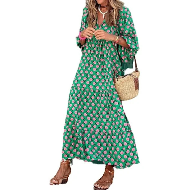 Women Short Puff Sleeve V Neck Maxi Dress Summer Boho Floral Printed Dress Smocked Tiered Flares ... | Walmart (US)