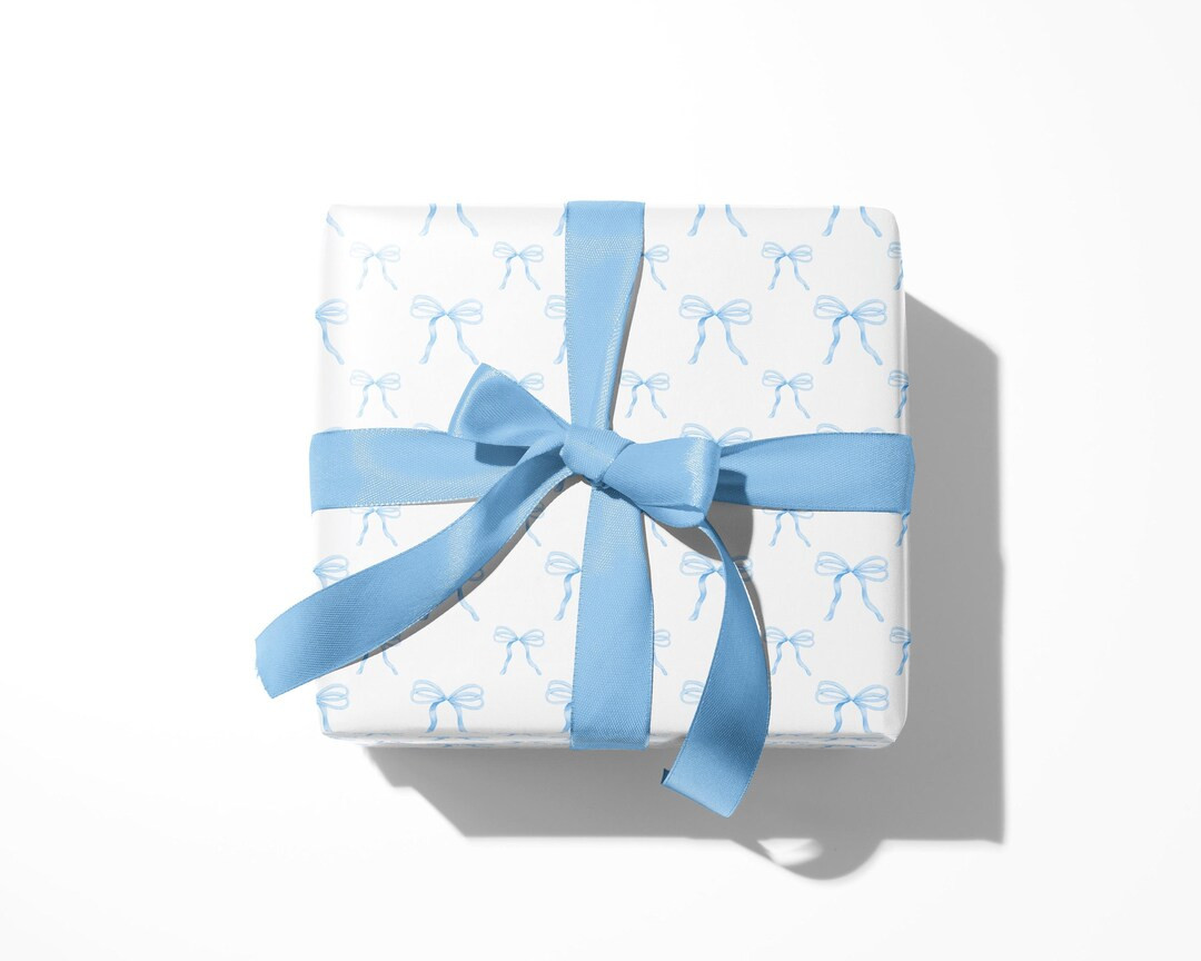 Blue Bow Wrapping Paper, Blue & White Coquette Ribbon Gift Wrap for Birthdays, Weddings, Bridal a... | Etsy (US)