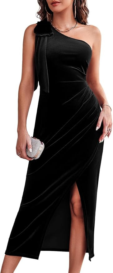 Wenrine Womens Velvet Midi Dress Fall Bodycon Evening Dresses | One Shoulder, Sleeveless, Faux Wr... | Amazon (US)