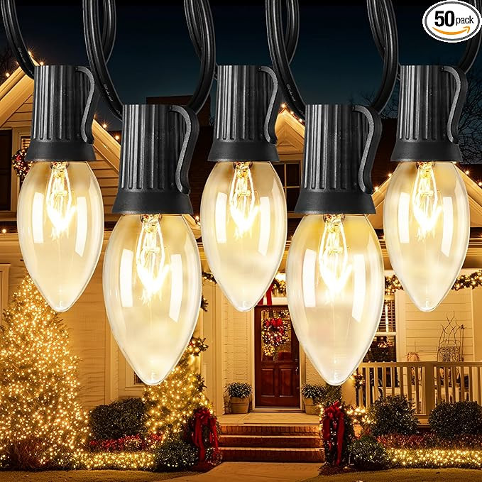 C9 Clear Christmas String Light, 50 Ft Vintage Christmas Tree Lights, Outdoor Waterproof Roofline... | Amazon (US)