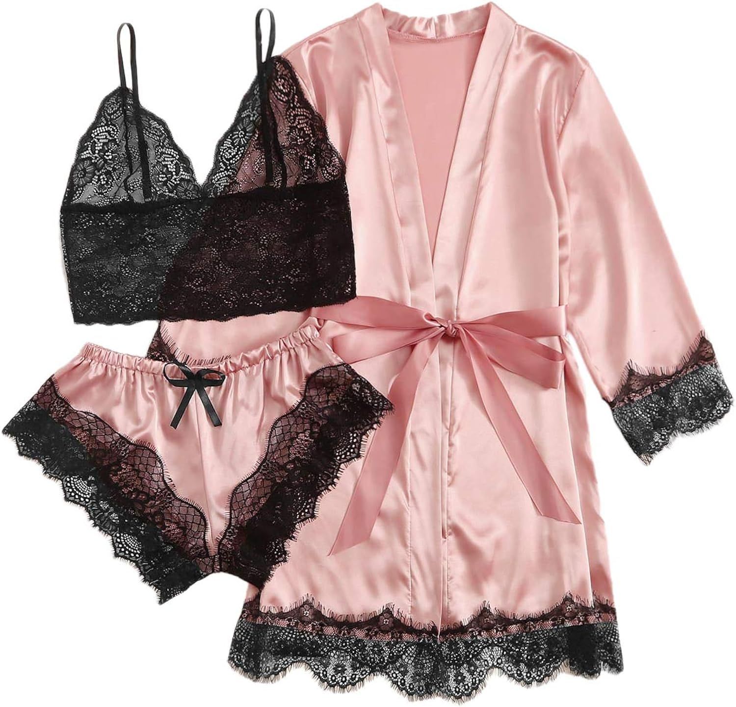 SheIn Women's Sheer Lace Bralette and Striped Shorts Pajama Lingerie Set with Robe | Amazon (US)