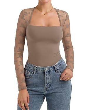 PINKMSTYLE Women Sexy Square Neck Lace Long Sleeve Tops | Amazon (US)