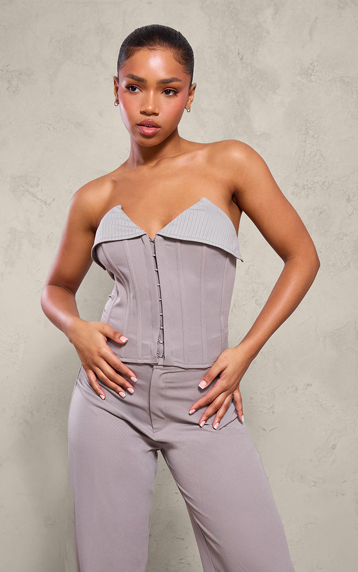 Grey Woven Hook Eye Fold Over Hem Bandeau Corset | PrettyLittleThing US