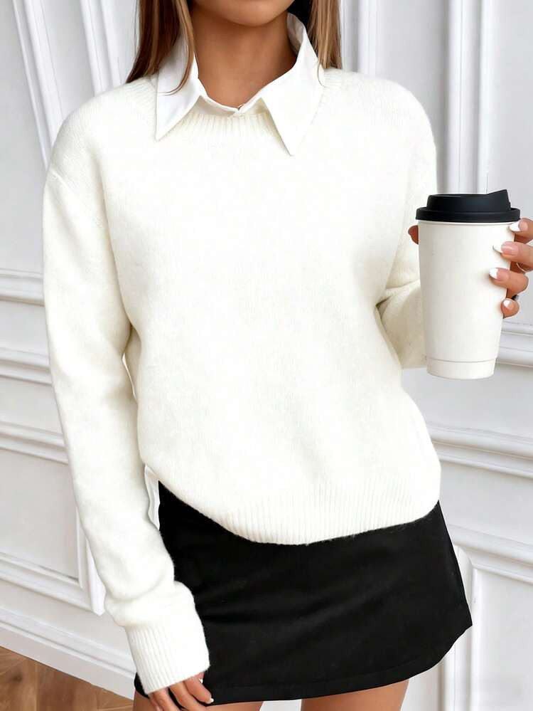 EMERY ROSE Slouchy Solid Color Crew Neck Knit Long Sleeve Sweater | SHEIN