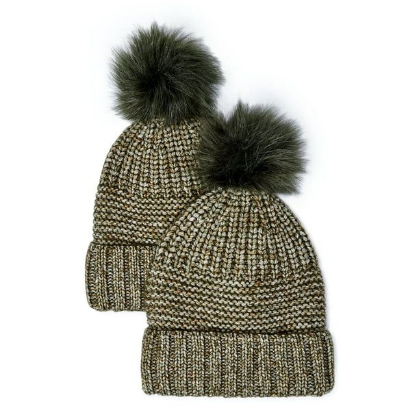 Time and Tru Women's Knit Hat with Pom Pom, 2-Pack - Walmart.com | Walmart (US)