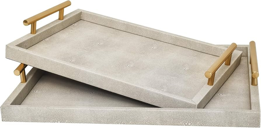 Modern Decorative Tray Set of 2 Ivory Shagreen Leather and Wood Serving Tray with Gold Polished M... | Amazon (UK)