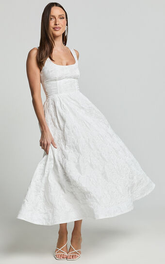 Georgine Midi Dress - Square Neck Fit and Flare Jacquard Dress in Ivory | Showpo (US, UK & Europe)