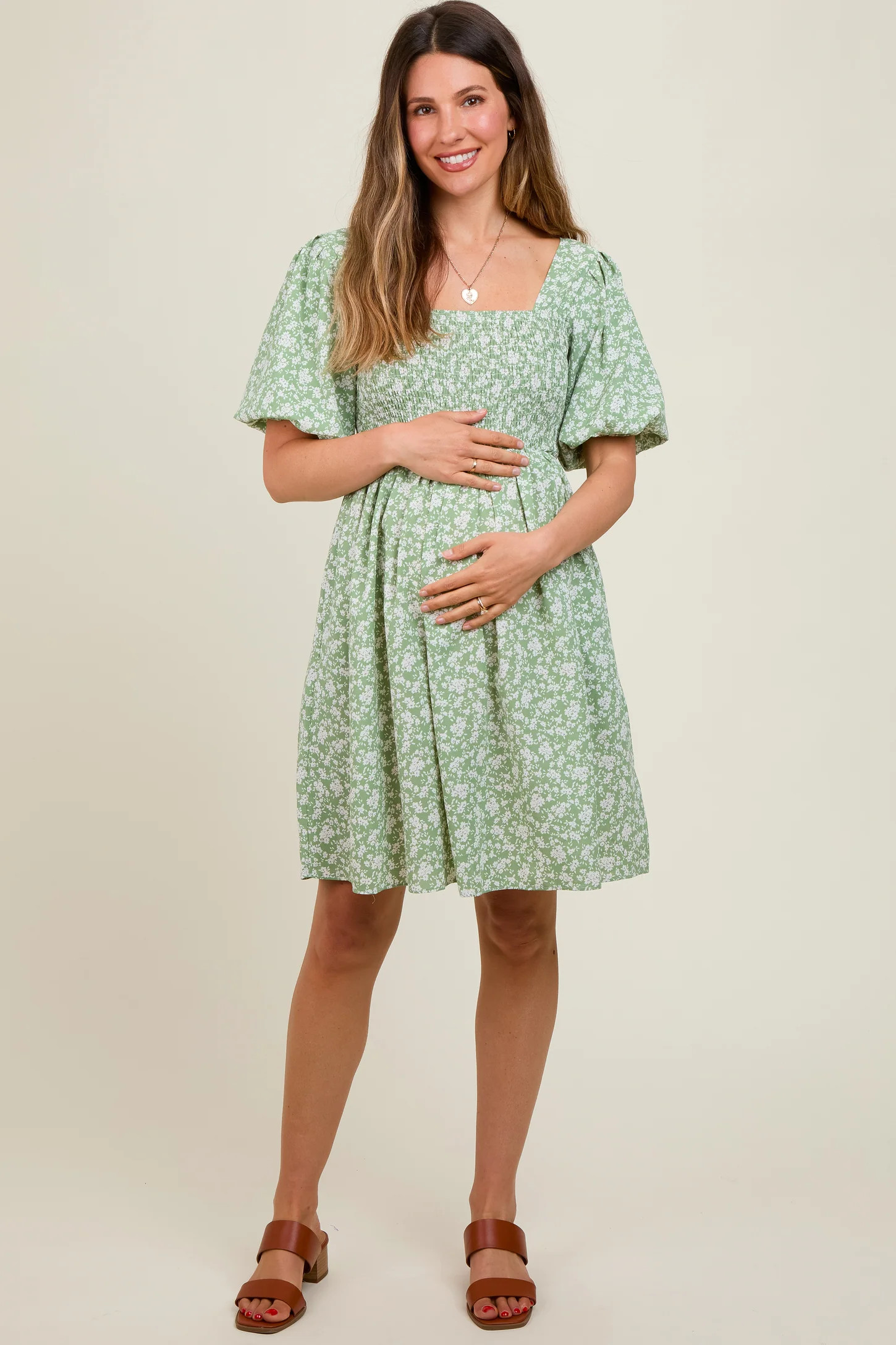 Light Olive Floral Smocked Tie Back Maternity Dress | PinkBlush Maternity