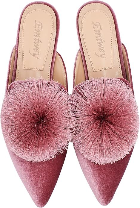 Women's Backless Comfort Slip On Loafers Flats Cute Pom Pom Mule Slippers Casual Shoes | Amazon (US)