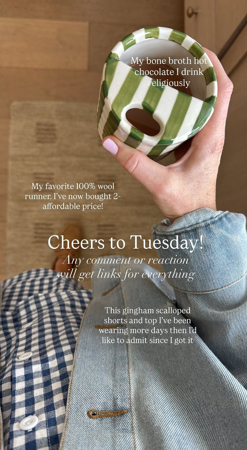 Happy Tuesday! Captured a few of my favorite things lately in one shot. My favorite bone broth hot chocolate is in my mug- it's Just Ingredients Mint Chocolate Bone Broth. Use code KELSIEEMM for a discount! 

 #LTKdayinmylife #LTKgrwm #LTKmomlife