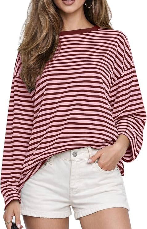 CHYRII Womens Oversized Striped Long Sleeve T Shirt Casual Fall Tops | Amazon (US)
