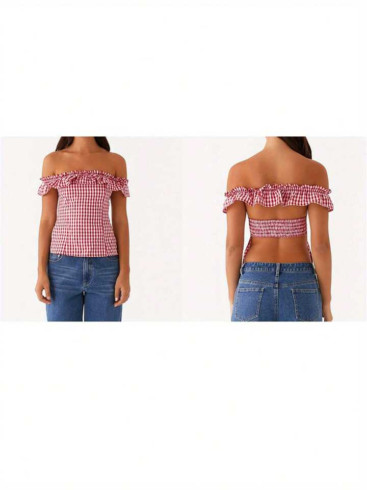 Women's Summer Slim Tops Short Sleeve Off Shoulder Open Back Plaid T-Shirt | SHEIN