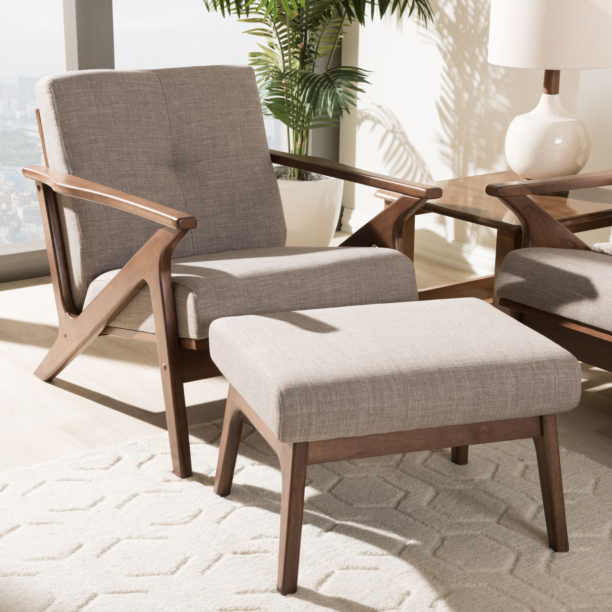 Baxton Studio Bianca Mid-Century Modern Walnut Wood Light Grey Fabric Tufted Lounge Chair And Ott... | Walmart (US)