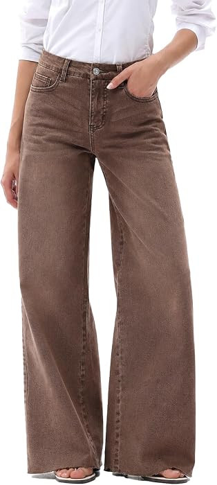 ONESO Women's Wide Leg Jeans Mid Rise High Stretch Denim Pants Raw Hem | Amazon (US)