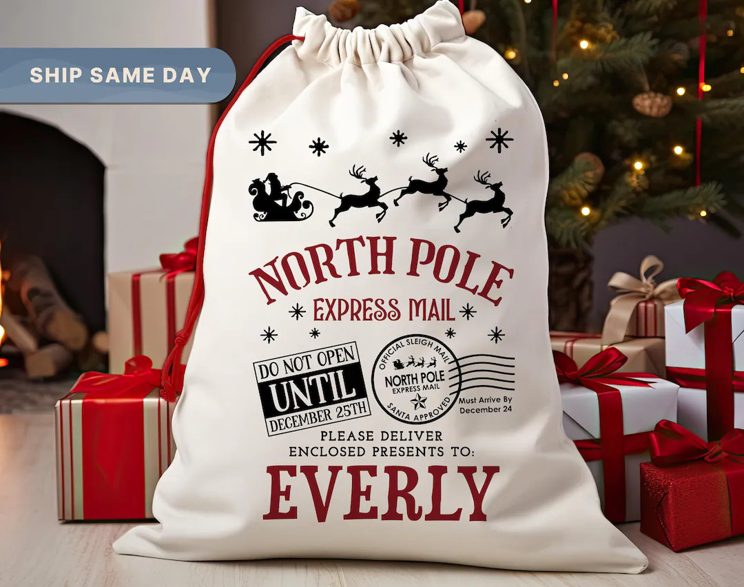 North Pole Santa Sack, Presents Bag, Christmas Gift Sack, Personalized Kids Sack, (SB-11 North) -... | Etsy (US)