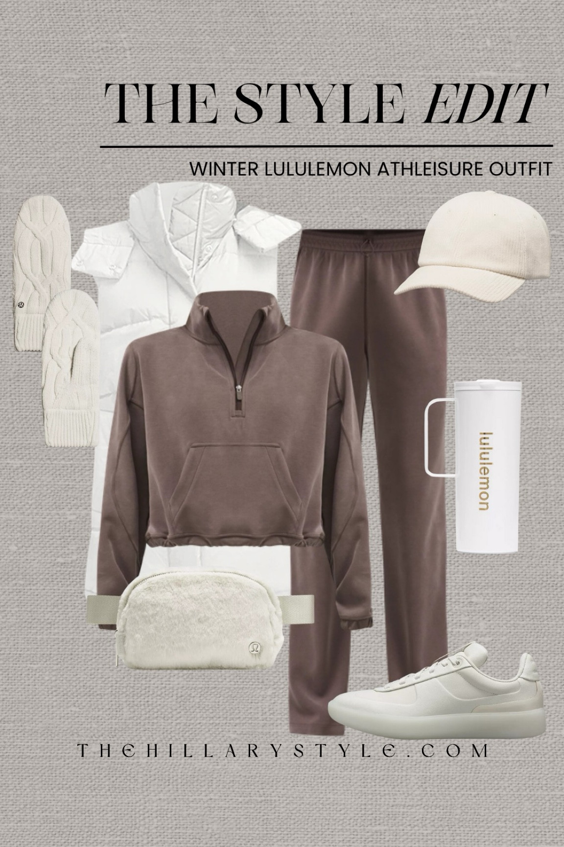 The Style Edit: Winter Athleisure Outfit
lululemon winter athletic outfit: sweat pants, half-zip sweatshirt, matching set, lounge set, winter vest, sneakers, Sherpa belt bag, corduroy baseball hat, mittens, insulated mug.

#LTKStyleTip #LTKActive #LTKSeasonal
