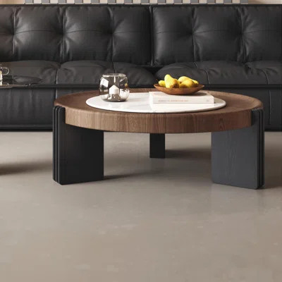 Modern Round Coffee Table with White Marble Inlay and Brown Wood Veneer, 35.43 Inch Width, No Side Table | Wayfair North America