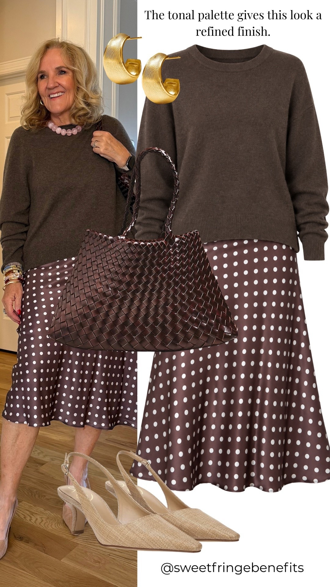 Gotta say, I like mixing a cozy sweater with a silk skirt! The polka dots make it a little more fun, and I'm wearing a medium in both pieces. I sized up half a size in the slingbacks.