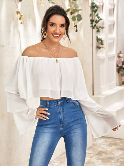Off Shoulder Layered Sleeve Crop Top | SHEIN