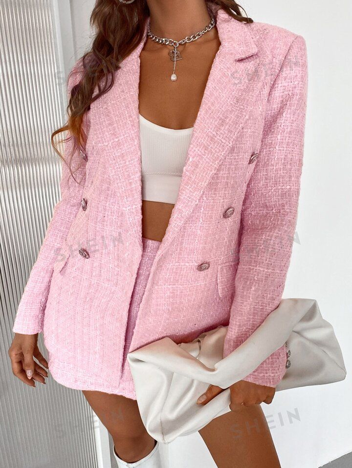 SHEIN BIZwear Double Button Tweed Blazer Workwear | SHEIN