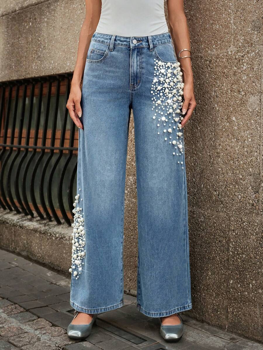 Selenza Women's Pocket Faux Pearl Decor Wide Leg Loose Elegant Jeans | SHEIN