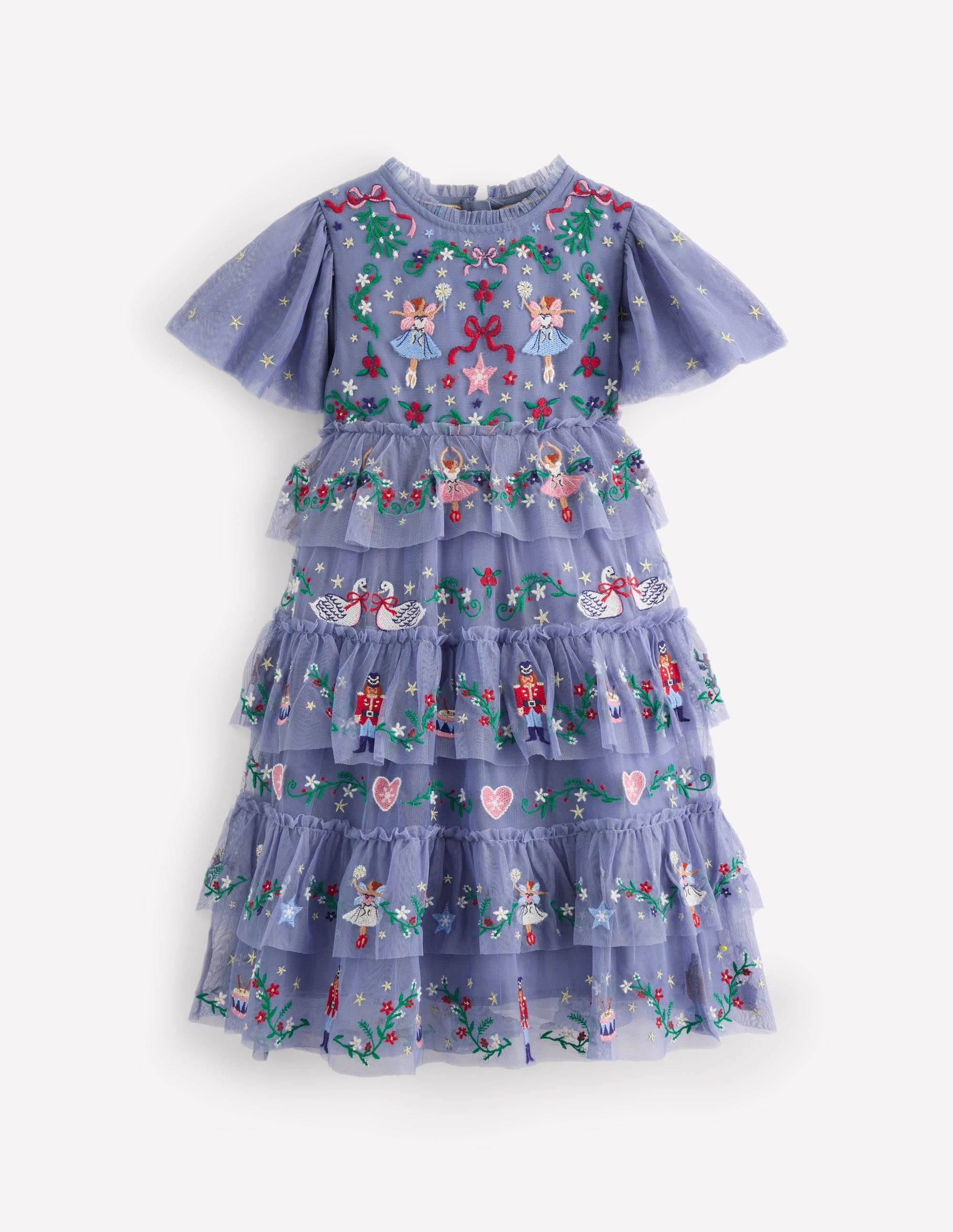 Embroidered Tulle Ruffle Dress-Stormbolt Blue Embroidery | Boden UK