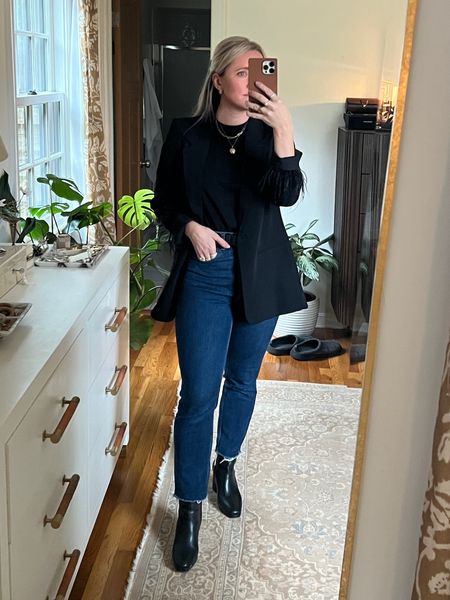 Work outfit, black blazer, Abercrombie curve love jeans, best tshirt everr