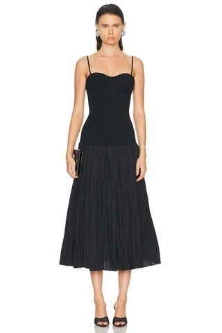 NICHOLAS Salem Drop Waist Broomstick Pleated Midi Dress in Black | FWRD 