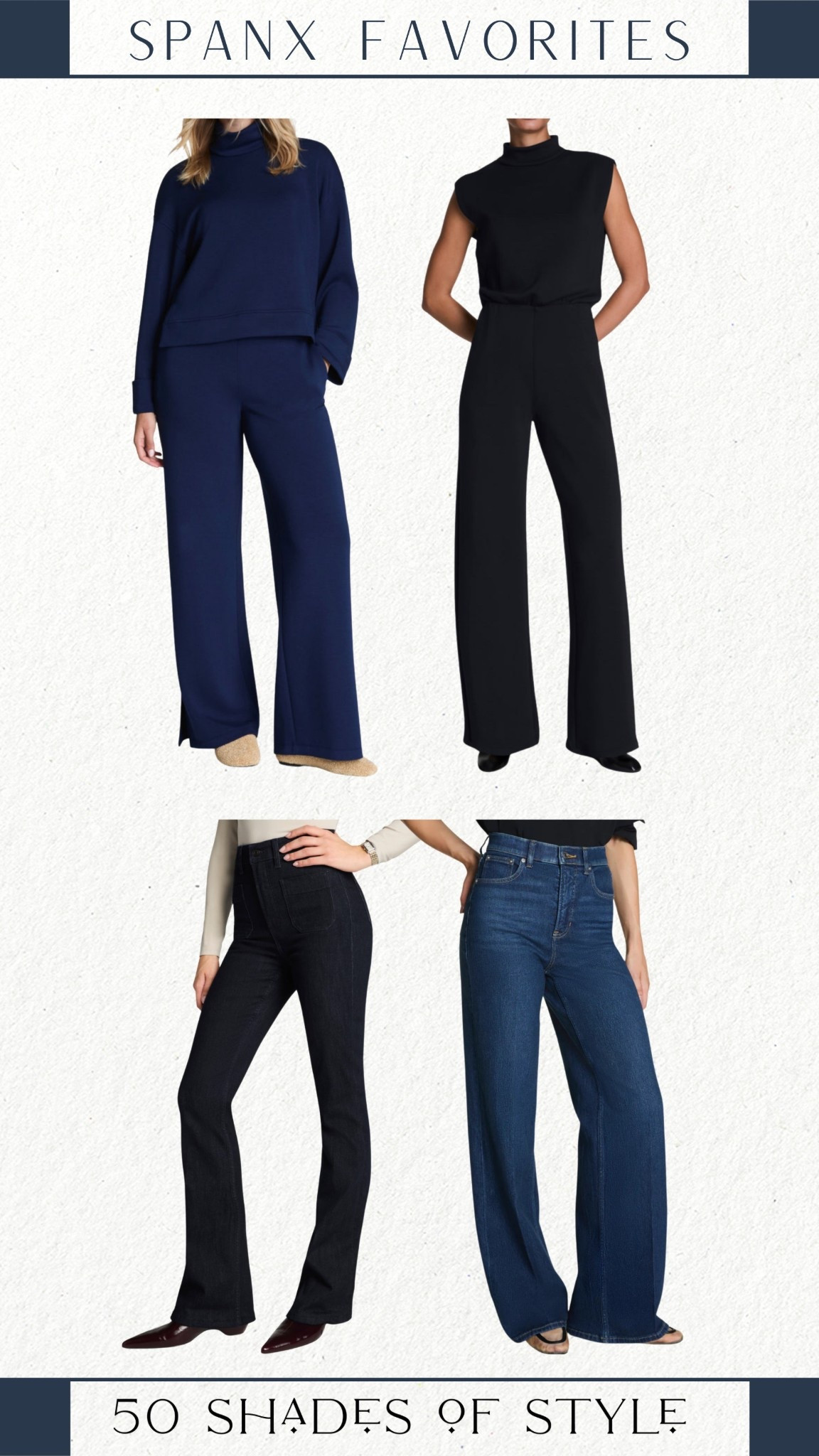 spanx, navy sweatpants, navy pullover, black jumpsuit, wide leg denim, flare denim 

#LTKSeasonal #LTKootd #LTKOver40