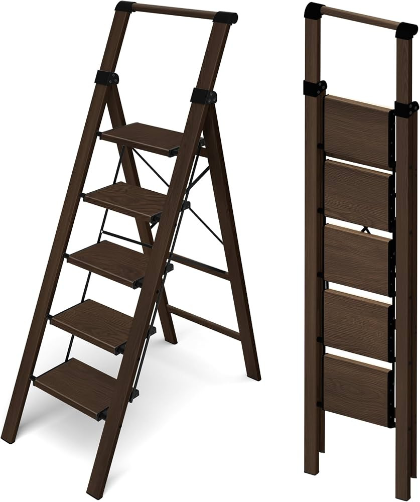 HillhutApex Aluminum 5 Step Ladder, Step Stool Foldable Ladder(Walnut) | Amazon (US)
