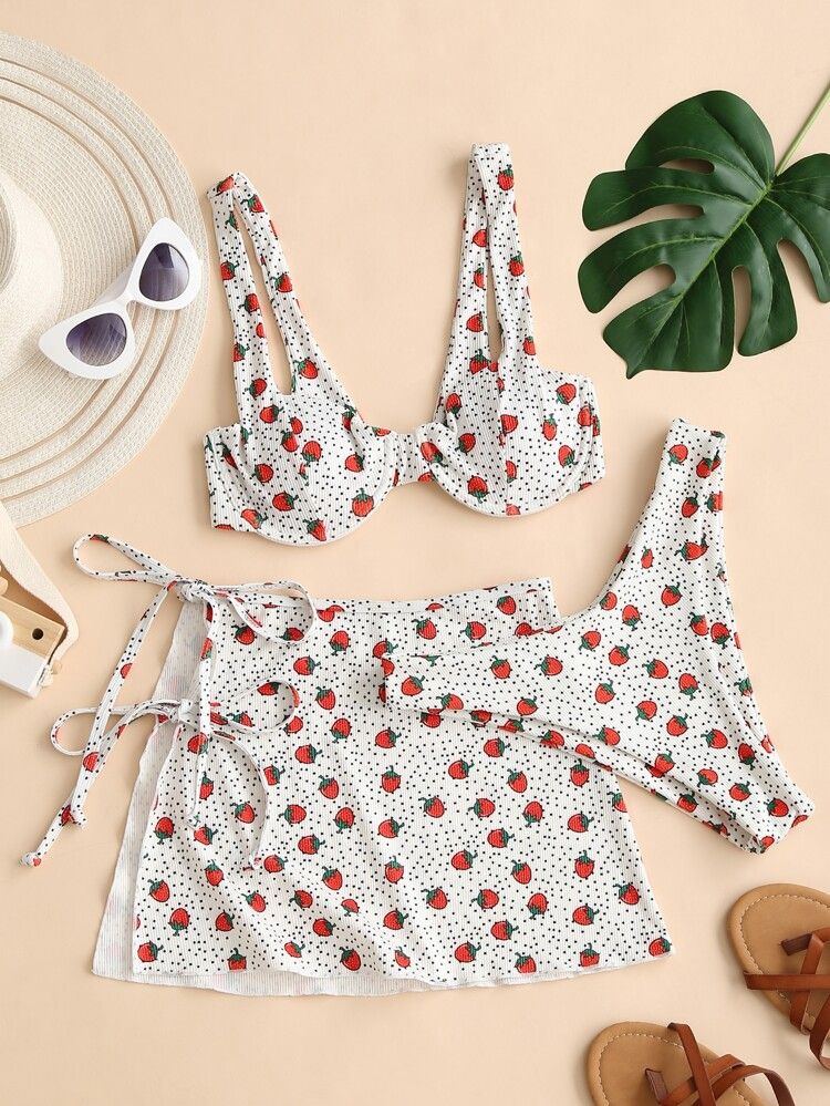3pack Strawberry & Polka Dot Underwire Bikini Swimsuit | SHEIN