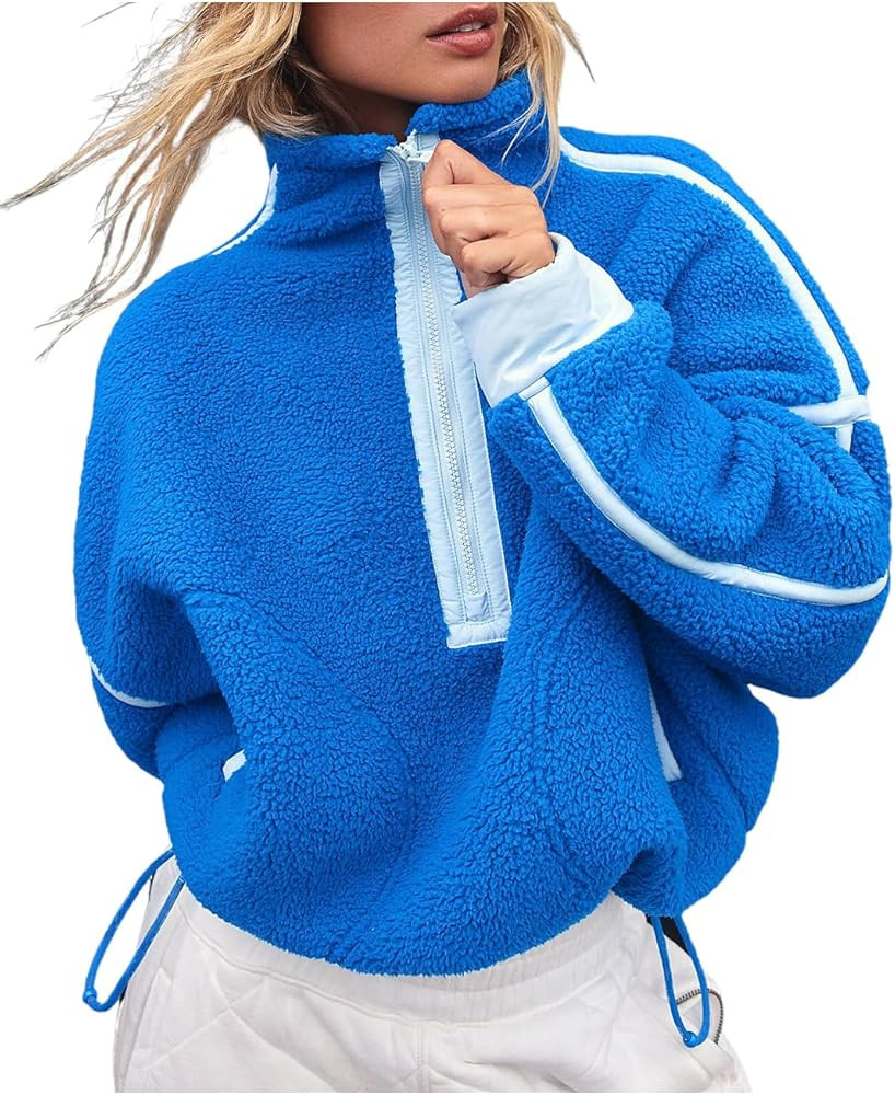 Women's Fleece Sweatshirts Half Zip Pullover Long Sleeve Oversized Workout Crop Tops Hoodie with ... | Amazon (US)