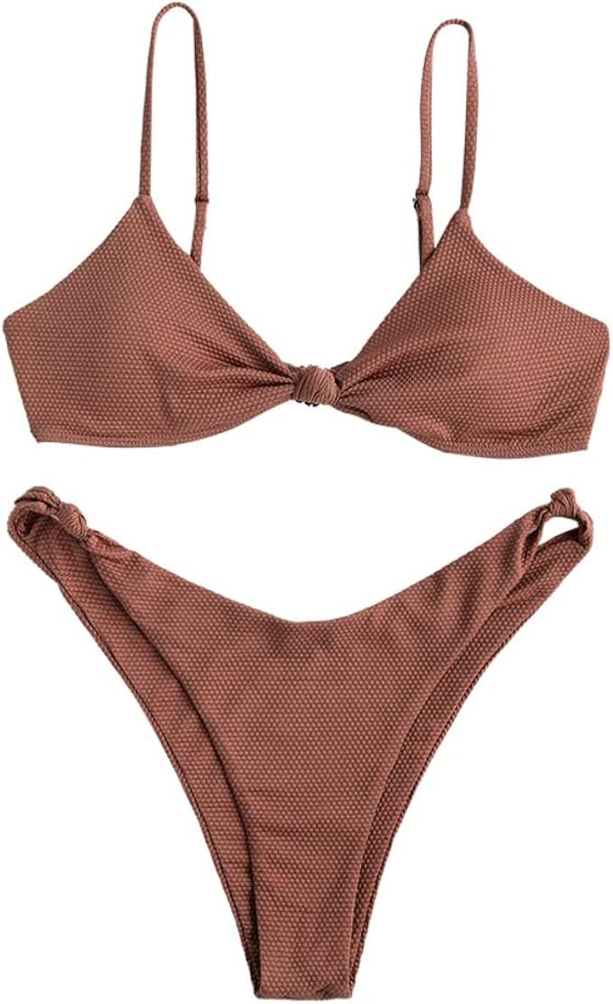 ZAFUL Women's Tie Knot Front Spaghetti Strap High Cut Bikini Set Swimsuit | Amazon (US)