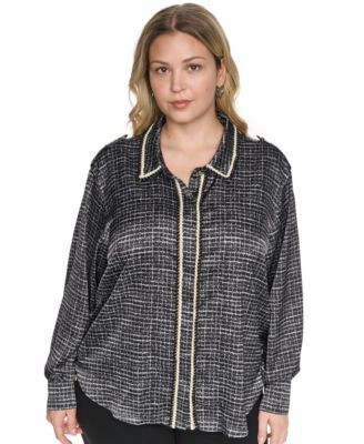 Plus Size Tweed Print Collared Long-Sleeve Top | Macy's
