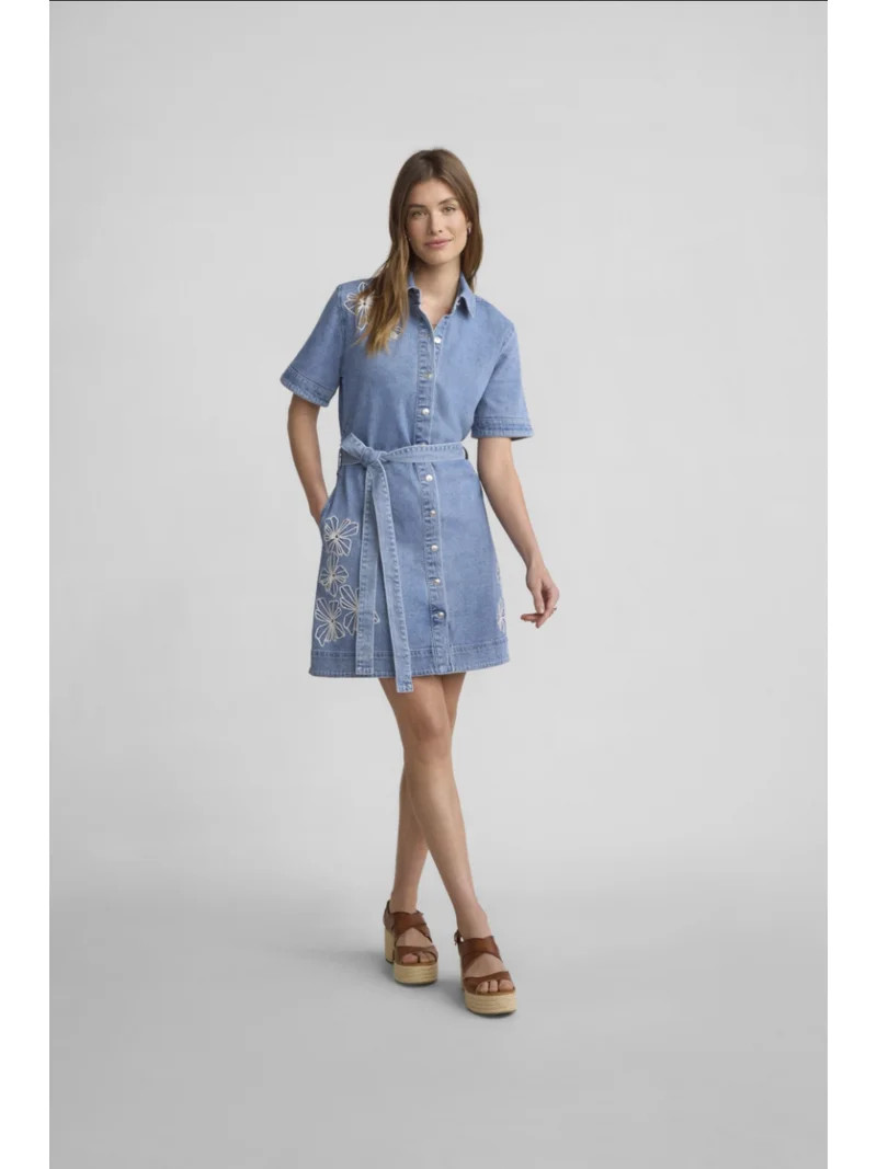 Free Assembly Women's and Women's Plus Embroidered Denim Mini Shirtdress with Belt, Sizes XS-4X | Walmart (US)