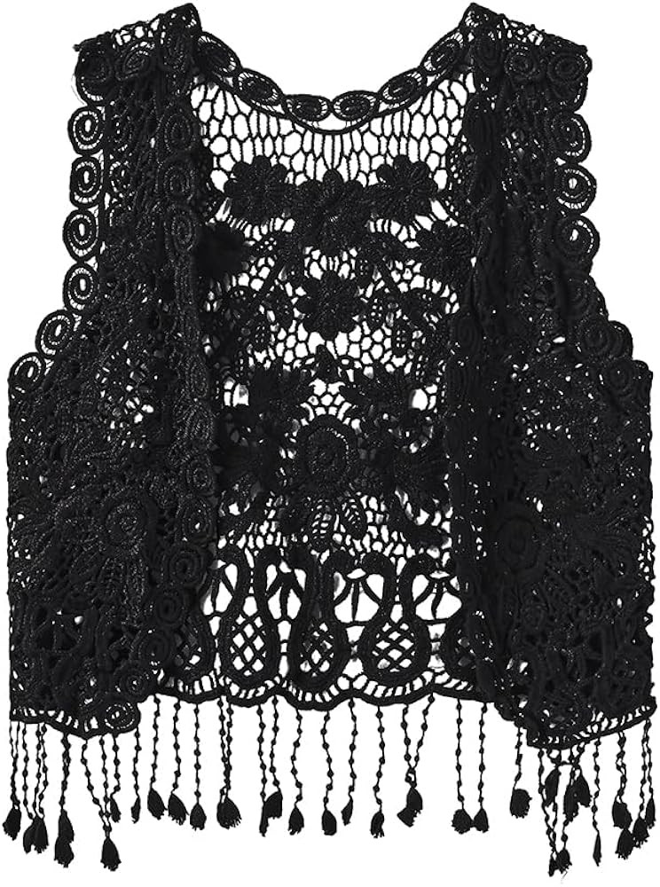 Girls Crochet Vest Cardigan with Fringe V-Neck Sleeveless Boho Vest Hollow Out Cardigan | Amazon (US)