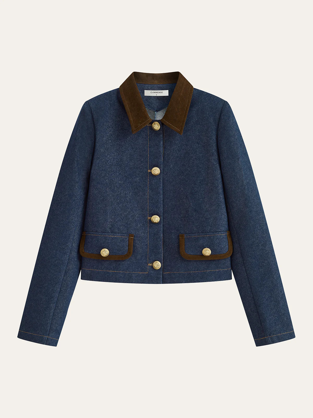Metal Button Suede Collar Denim Jacket | Commense