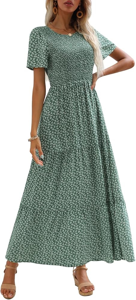 Zattcas Womens Summer Casual Short Sleeve Bohemian Smocked Floral Tiered Maxi Dress | Amazon (US)