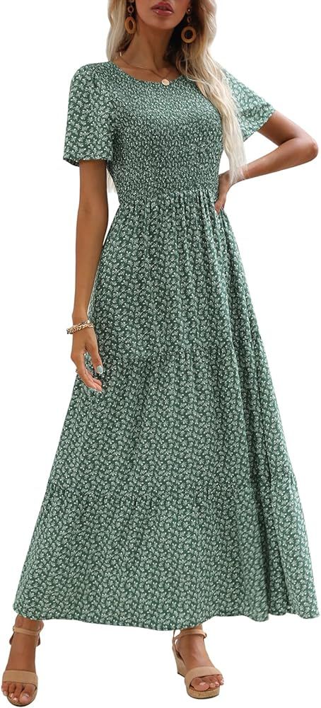 Zattcas Womens Summer Casual Short Sleeve Bohemian Smocked Floral Tiered Maxi Dress | Amazon (US)