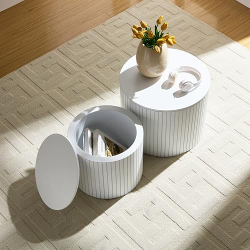 Round Coffee Table Set of 2 for Living Room, Wood Small Nesting Tables with Storage, Circle Side Table, Modern Accent End Table with Moveable Lid for Bedroom,White | Amazon (US)