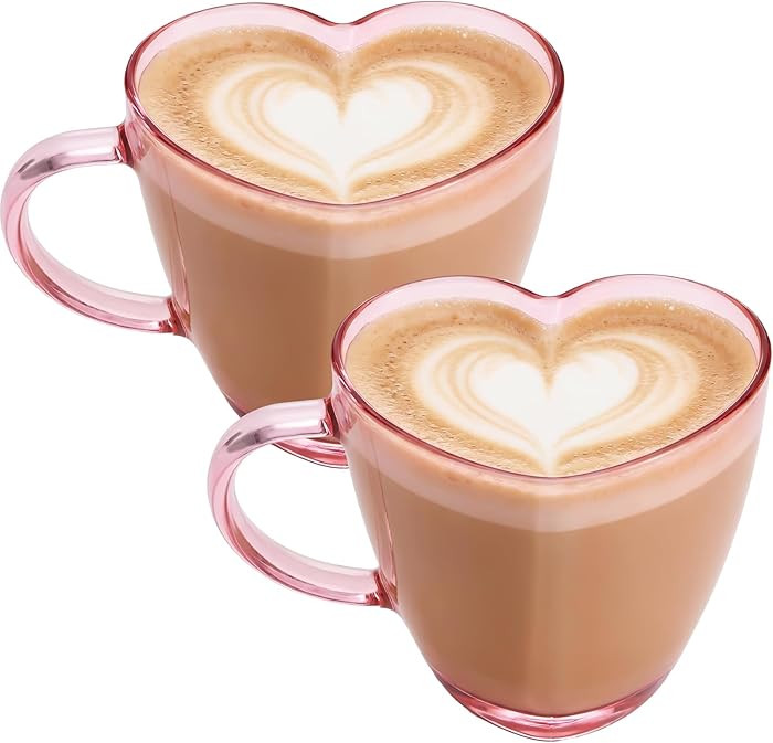 4 Pcs Valentine Heart Shaped Glass Coffee Mugs 17oz Pink Clear Glass Cups with Handle for Coffee,... | Amazon (US)
